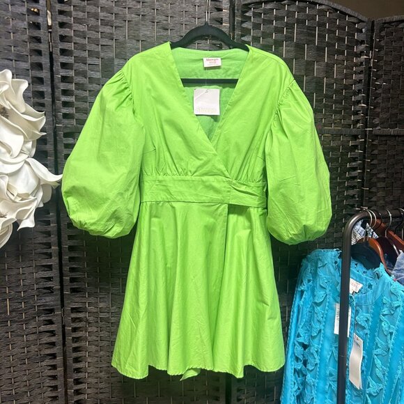 ShowPo Green Puff Sleeve Mini Wrap Dress Size 12 - Picture 1 of 7